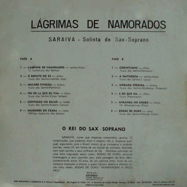 Saraiva - Lagrimas de Namorados - verso